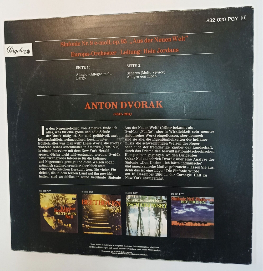 Винтажная виниловая пластинка LP Dvorak Антонин Дворжак, Europa Orchester Hein Jordans Sinfonie Nr.9 Симфония № 9 Aus Der Neuen Welt (Germany 1968)