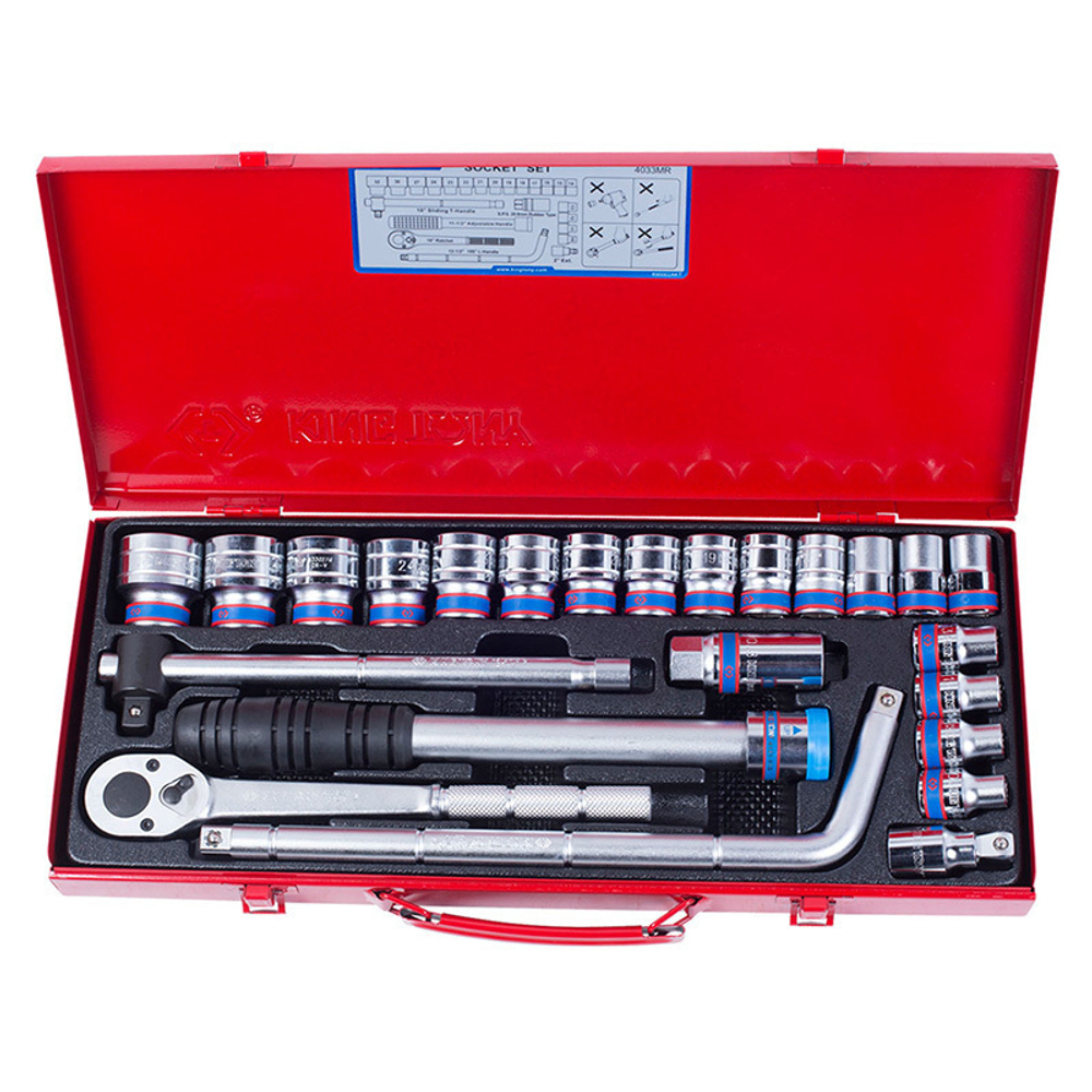 KING TONY (4033MR) Набор торцевых головок с принадлежностями 1/2", 12-гранные, 10-32 мм, 24 предмета