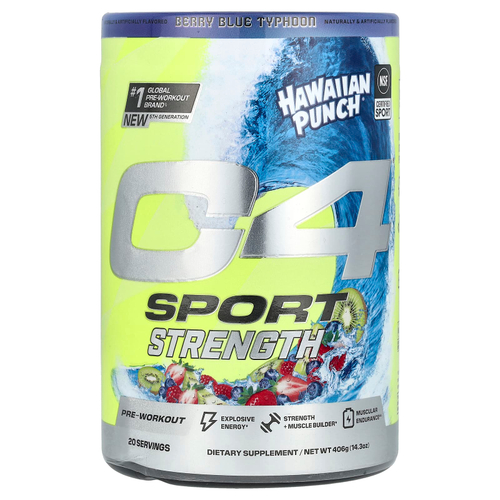 C4 / Cellucor, C4 Sport, Strength, предтренировочный комплекс, Hawaiian Punch®, ягодный синий тайфун, 406 г (14,3 унции)