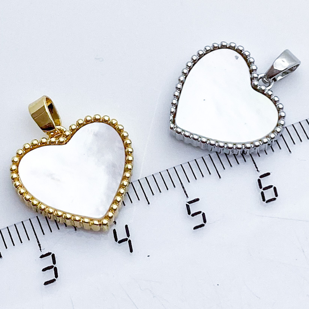 Подвеска Сердце, цвет серебро (родий)+перламутр, размер 16*16 мм, цена за 1 шт