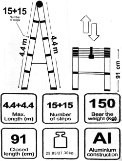 Стремянка телескопическая алюм. бытовая 4.4м (15+15 ступ.) Scheppach Sch-UP440-2