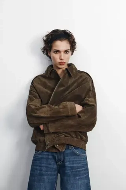 ZARA БОМБЕР ИЗ 100% ЗАМШИ С КАРМАНАМИ, ХАКИ