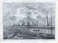 Виллем ван Сенус (гравёр), Г. Штейн (рисовальщик). Моска-река. Улица Великая. Вид на Кремль. 1838 г.