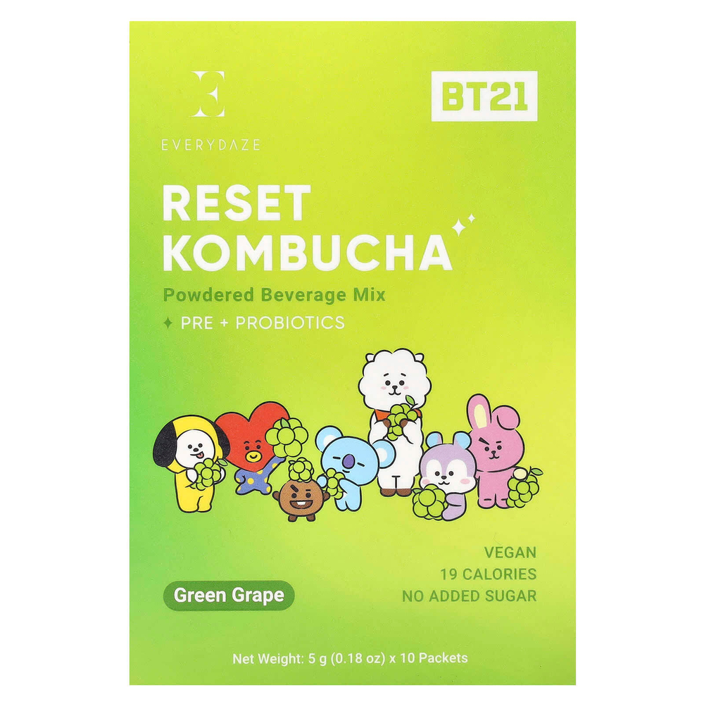 Everydaze, Reset Kombucha, порошковая смесь для напитков, зеленый виноград, 10 пакетиков по 5 г (0,18 унции)