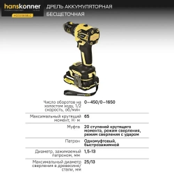 Шуруповерт аккумуляторный бесщеточный Hanskonner PLATINUM, 18В, 2х2Ач, 65Нм, кейс