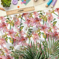 Ткань шелк Армани розовые лилии и мелкие жёлтые цветы