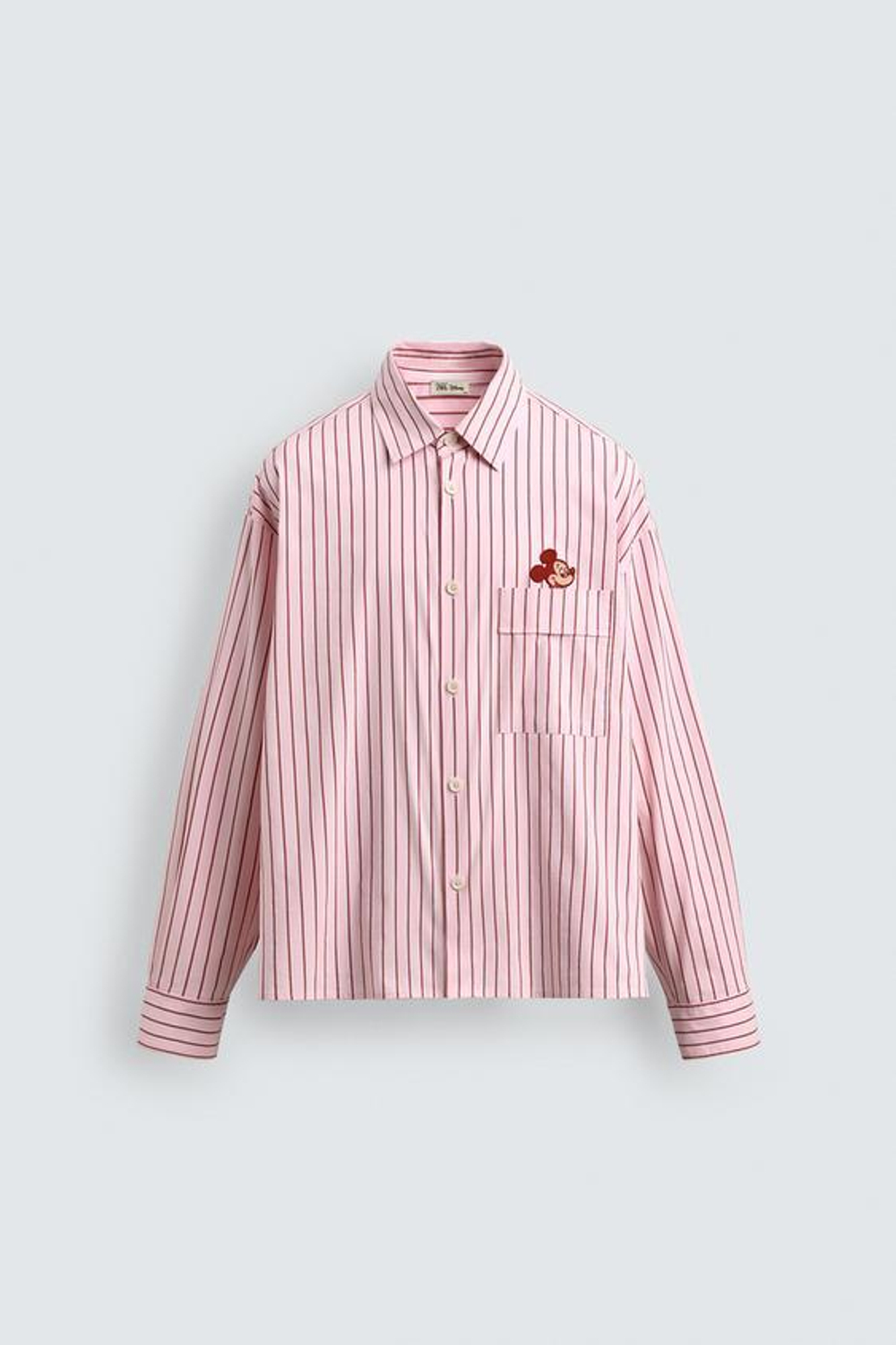 ZARA HARRY LAMBERT X DISNEY РУБАШКА В ПОЛОСКУ С НАШИВКОЙ MICKEY MOUSE, РОЗОВЫЙ