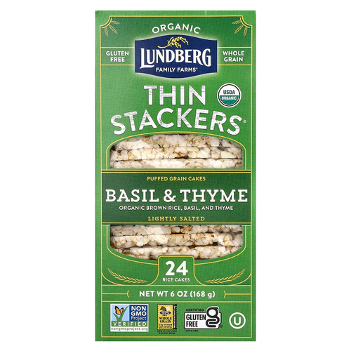 Lundberg, Organic Thin Stackers, воздушные зерновые пироги, базилик и чабрец, слабосоленые, 24 рисовых пирога, 168 г (6 унций)