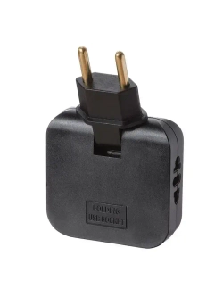 Тройник для розетки с USB 2.0 плоский поворотный, USB разветвитель электрический, черный