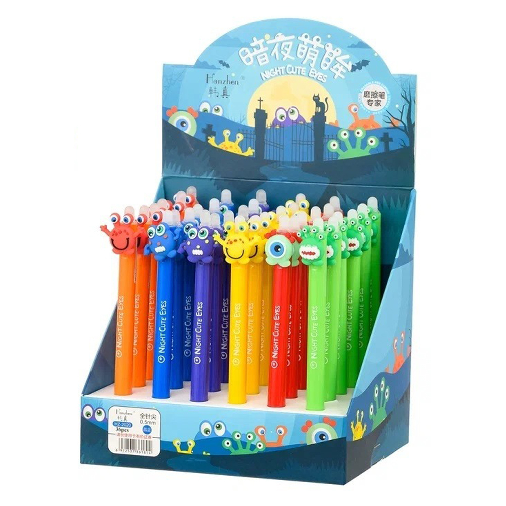 Ручка гелевая, пиши-стирай, автоматическая, Basir, синие чернила, серия "Ночные монстрики", с игрушкой, 36 шт