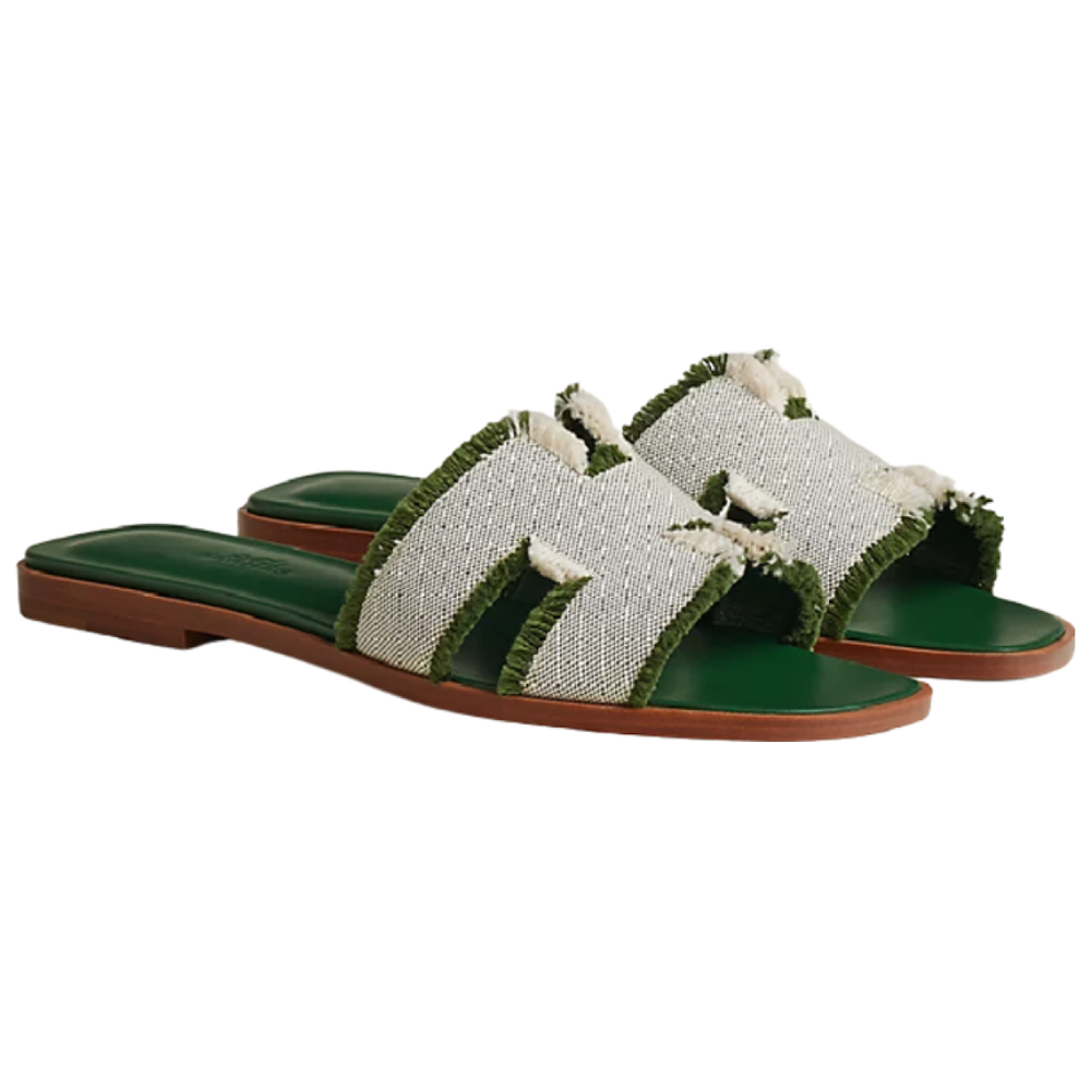 Hermes Oran canvas flat-bottomed fashion sandals women's green, H231095Z V1
