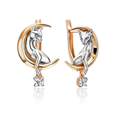 Серьги «Лунные кошки» с английским замком из комбинированного золота с фианитом