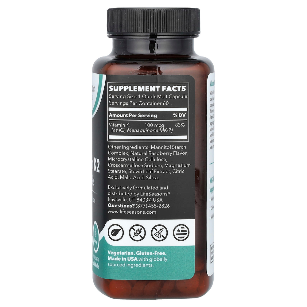 LifeSeasons, Essential, MK-7, витамин K2, быстрорастворимый витамин, ягодный вкус, 60 быстрорастворимых экстрактов (100 мкг в каждом)