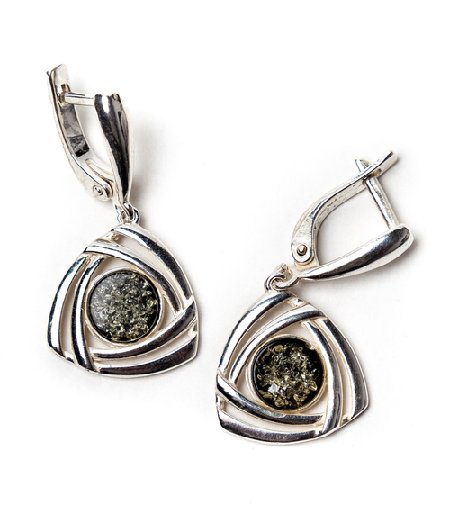 Серьги с натуральным янтарем зеленого цвета