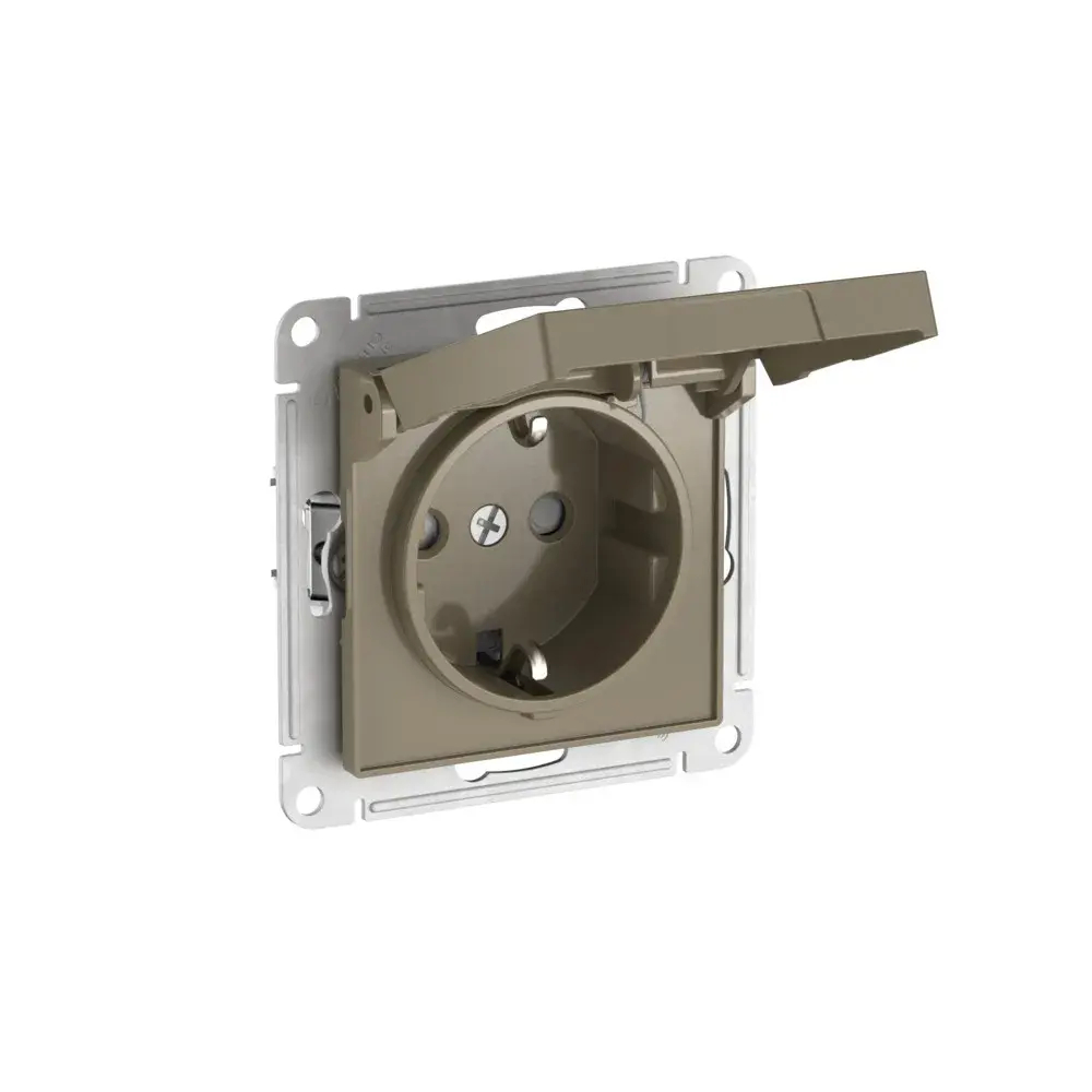 ATLASDESIGN РОЗЕТКА с заземлением со шторками с крышкой,16А,IP20, мех.,быстрозажим. клем., ШАМПАНЬ