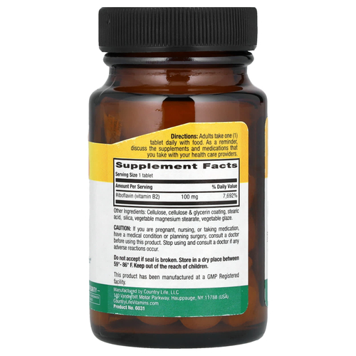 Country Life, Витамин B2, 100 мг, 100 таблеток