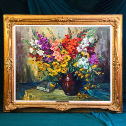 Винтаж: Старинная картина «Натюрморт букет полевых цветов»