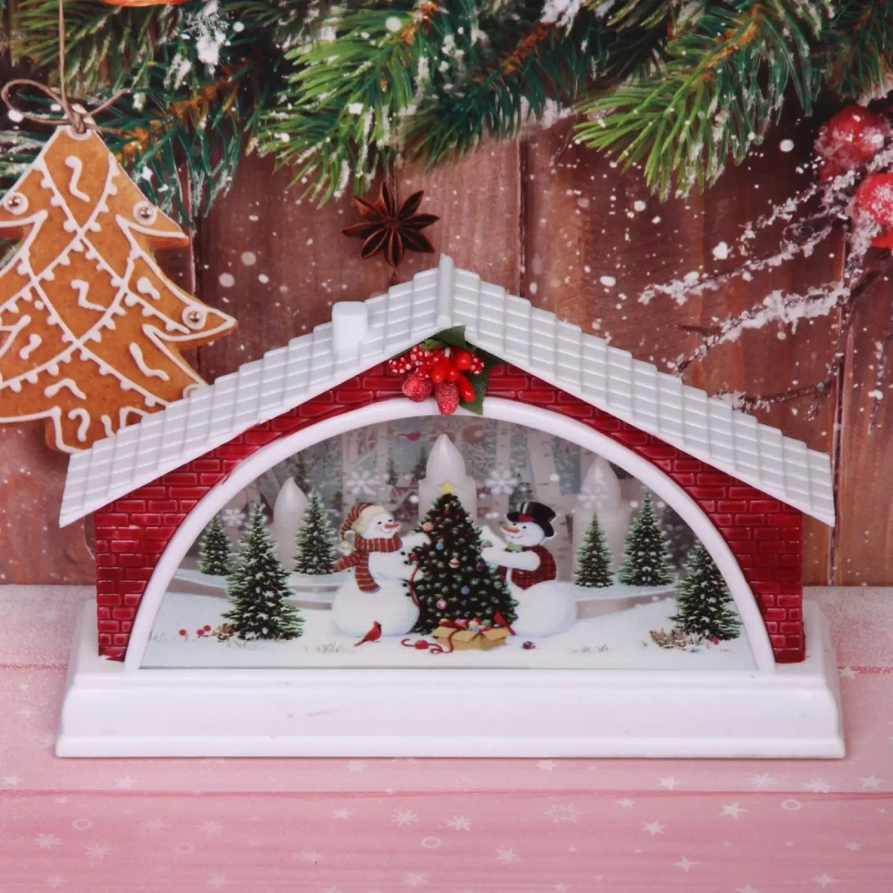 Сувенир с подсветкой «Домик с снеговиками» 15,5*4*9,5 см (работает от 2х батареек ААА)