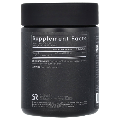Sports Research, витамин D3, 100 мкг (4000 МЕ), 360 мягких таблеток