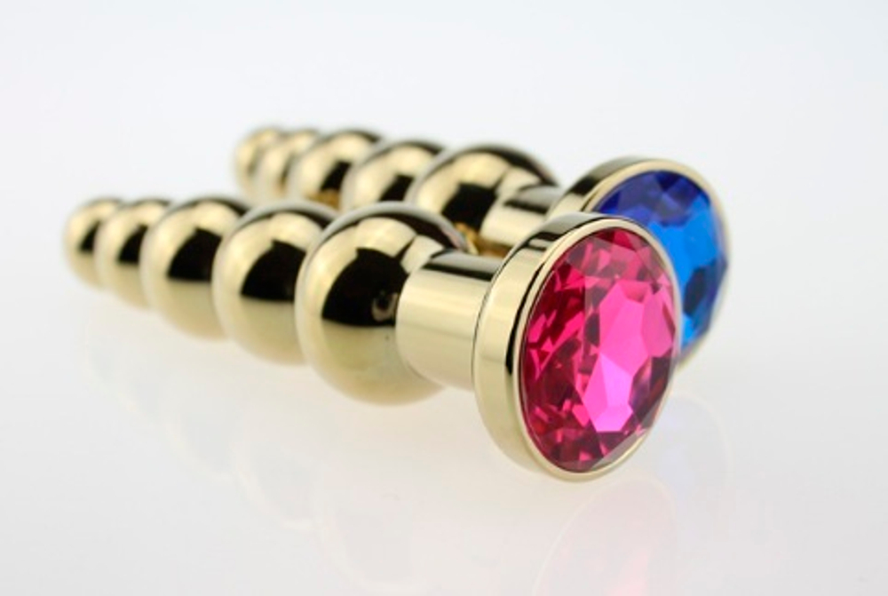 Анальная втулка с кристаллом ребристая Gold Plug Red 14 см