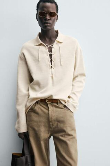 ZARA ПОЛО С ТЕКСТУРОЙ И ШНУРКОМ, ЖЕЛТОВАТО-БЕЛЫЙ