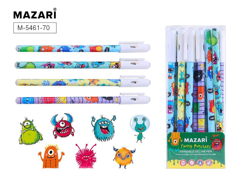 Ручка гель пиши-стирай 0.5мм. "Funny monsters" синяя, термо чернила, корпус цветной, смен.стержень 1