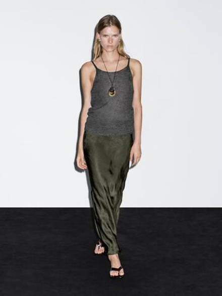 Massimo Dutti Длинная атласная юбка, зеленый