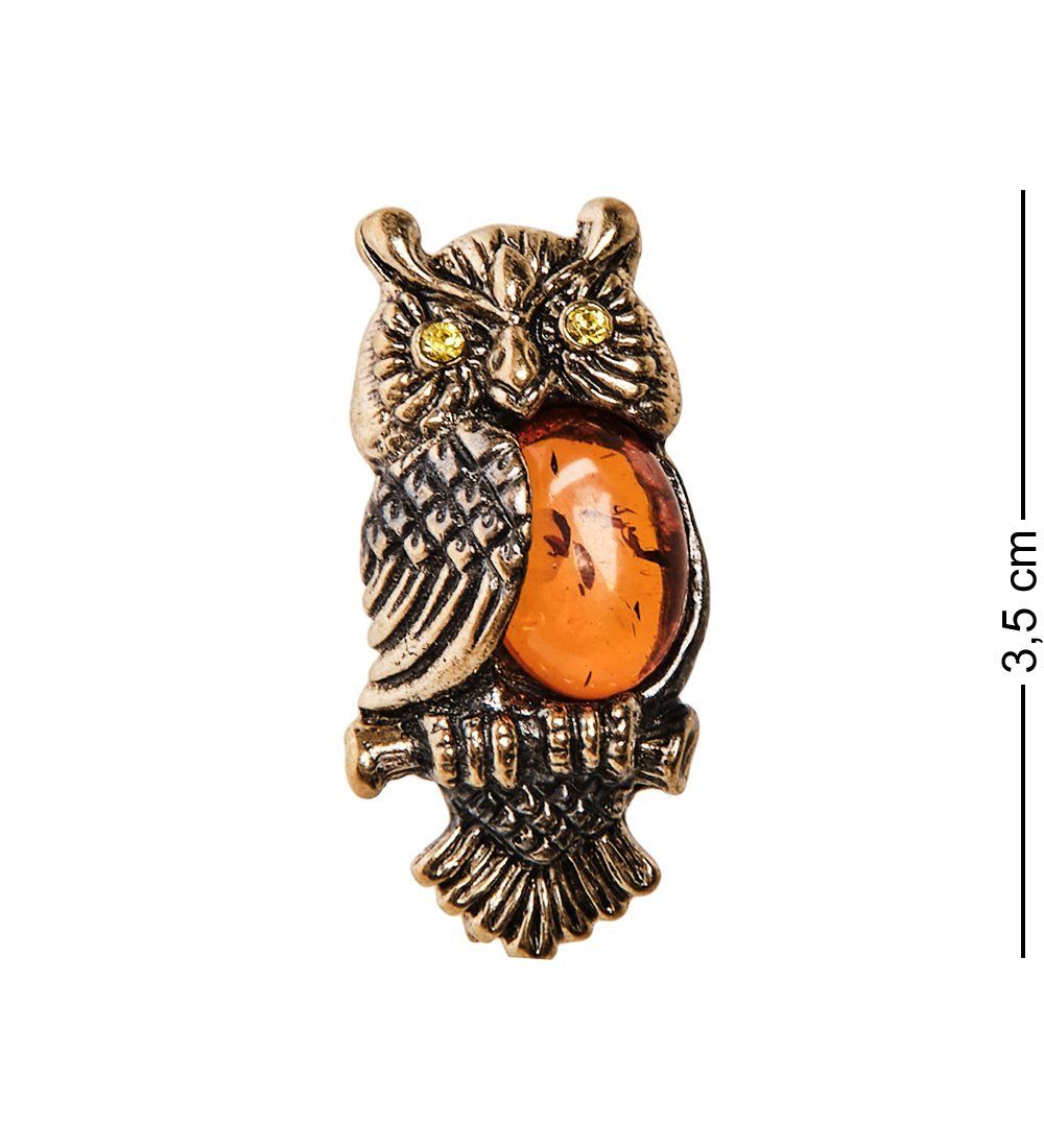 AM-2643 Брошь «Совушка на ветке» (латунь, янтарь)