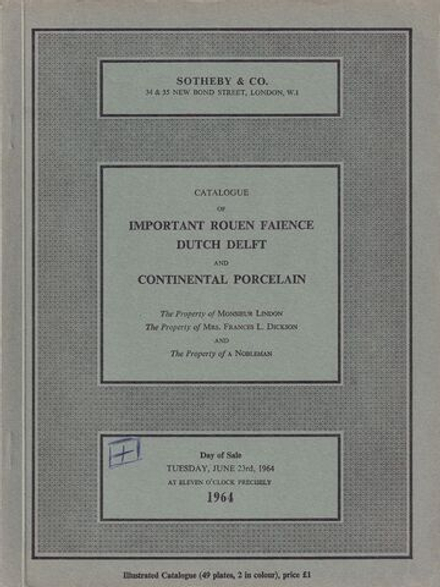 Каталог аукциона Sotheby's, Лондон, Руанский фаянс, фаянс Делфтской мануфактуры и другой европейский фарфор, включая частные коллекции от 23 июня 1964 года