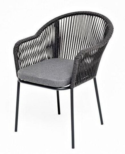 "Лион" стул плетеный из роупа, каркас из стали темно-серый (RAL7024) муар, роуп темно-серый круглый, ткань темно-серая 027