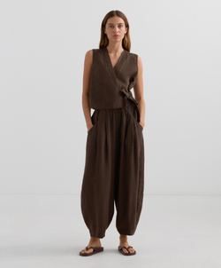 Oysho Топ из 100% льна с перекрестным кроем и завязками, темно-коричневый