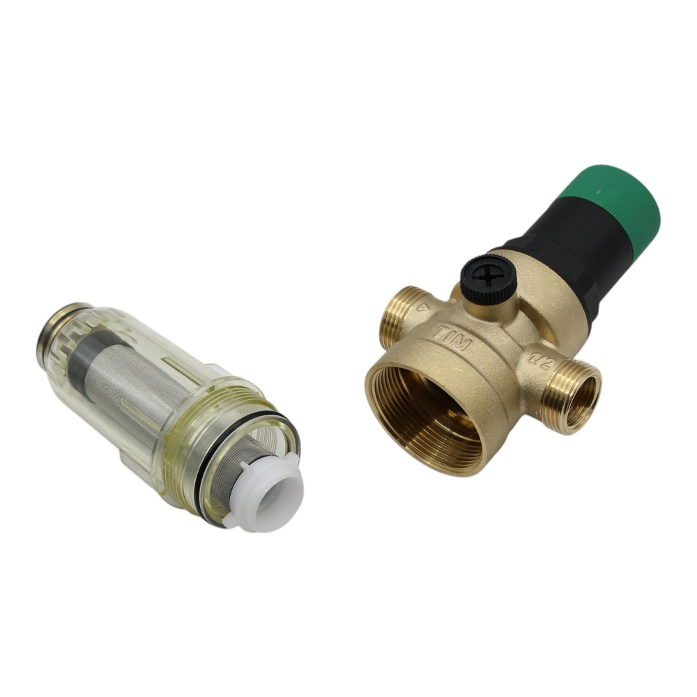 Фильтр самопромывной TIM 1/2" с редуктором в стеклянном корпусе