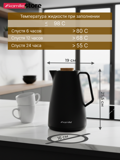 Термос-кувшин 1000 мл. со стеклянной колбой Kamille KM2010BL пластиковый корпус