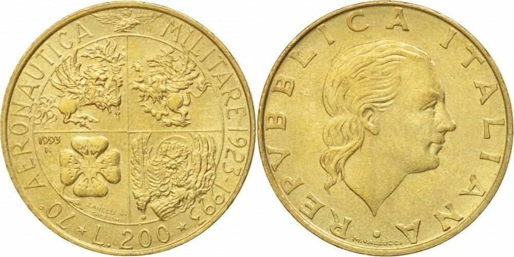 Италия 200 лир, 1993 70 лет военной авиации UNC