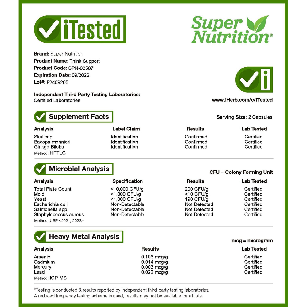 Super Nutrition, Think Support, с гинкго билоба, тюбетейкой, готу колой, бакопой и ферментами, 180 растительных капсул