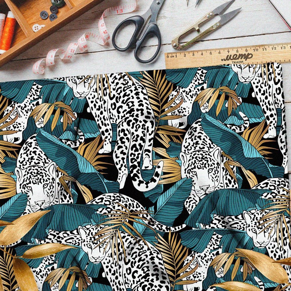 Ткань шелк Армани леопард в тропических листьях