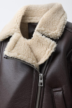 ZARA КУРТКА-ДУБЛЕНКА В БАЙКЕРСКОМ СТИЛЕ, КОРИЧНЕВЫЙ