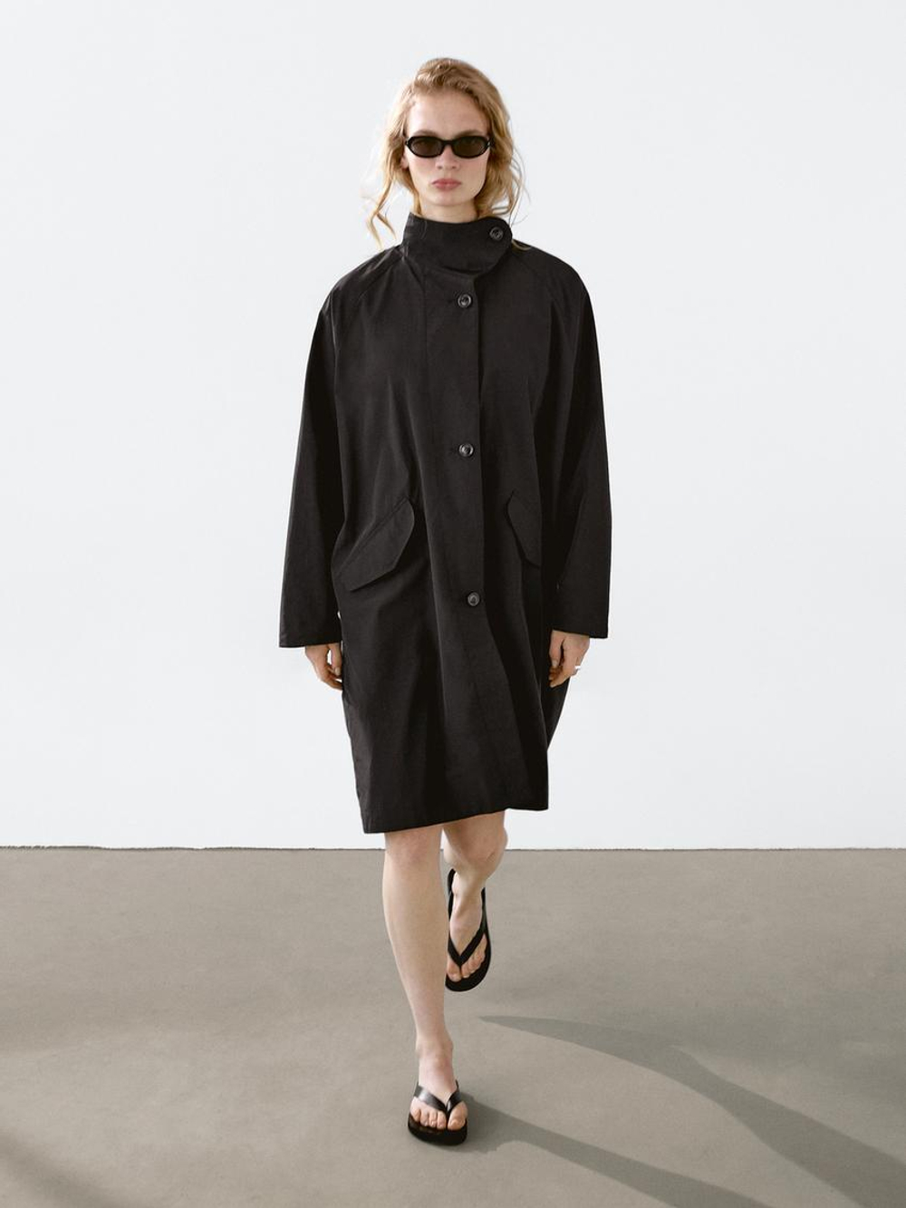 Massimo Dutti Тренч из струящейся непромокаемой ткани, черный