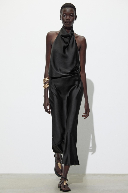 ZARA АТЛАСНЫЙ ТОП С ГОРЛОВИНОЙ ХАЛТЕР, ЧЕРНЫЙ