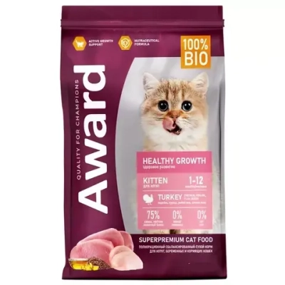 Сухой корм AWARD Healthy growth для котят от 1 месяца, беременных и кормящих кошек с индейкой и курицей с добавлением рыбьего жира и семян льна