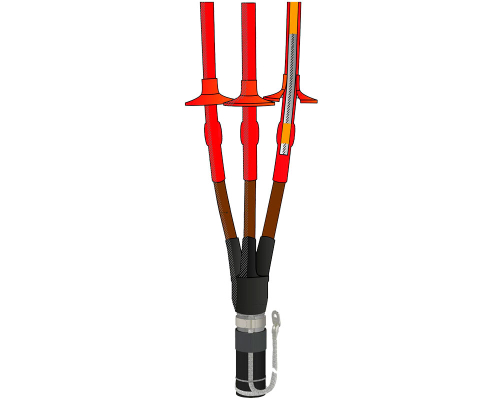 Муфта термоусаживаемая концевая наружной установки для трехжильного кабеля с пластмассовой изоляцией из сшитого полиэтилена с ЛЕНТОЧНЫМ экраном, С  БРОНЕЙ, на напряжение до 10 кВ включительно 3ПКНТп-Б-10-35...50-КлЭ (без наконечников)