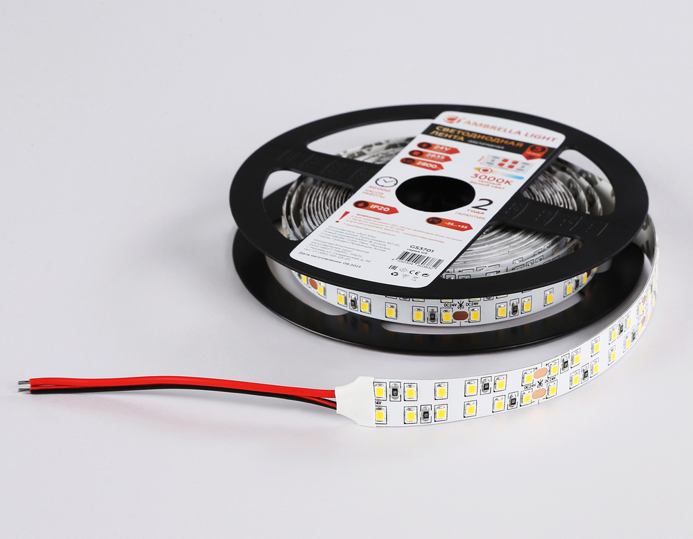 Светодиодная лента двухрядная GS3701 2835 240Led /24W m/ 24V IP20 3000K/ 5000*14*1.2mm/ кратность резки 50mm (2 конт.)