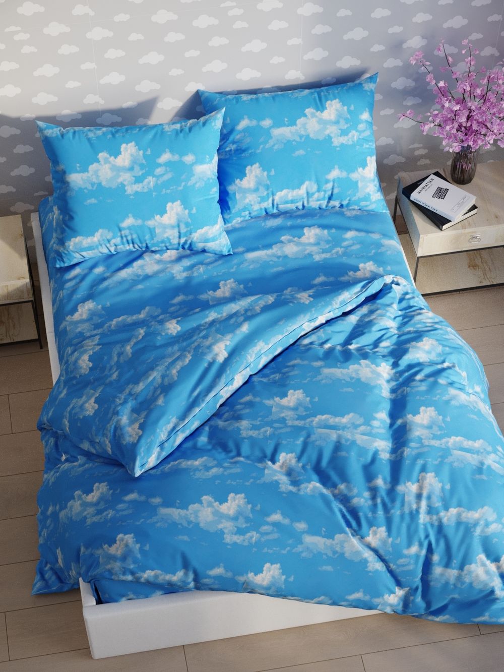 Простынь "Облака" 240х215 см  Сказка сатин