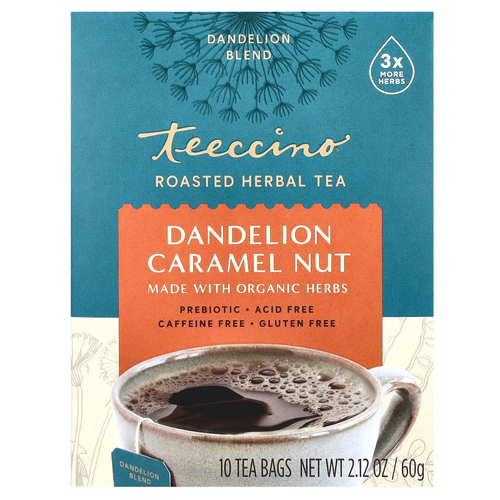 Teeccino, Жареный травяной чай, одуванчик и карамель, без кофеина, 10 чайных пакетиков, 60 г (2,12 унции)