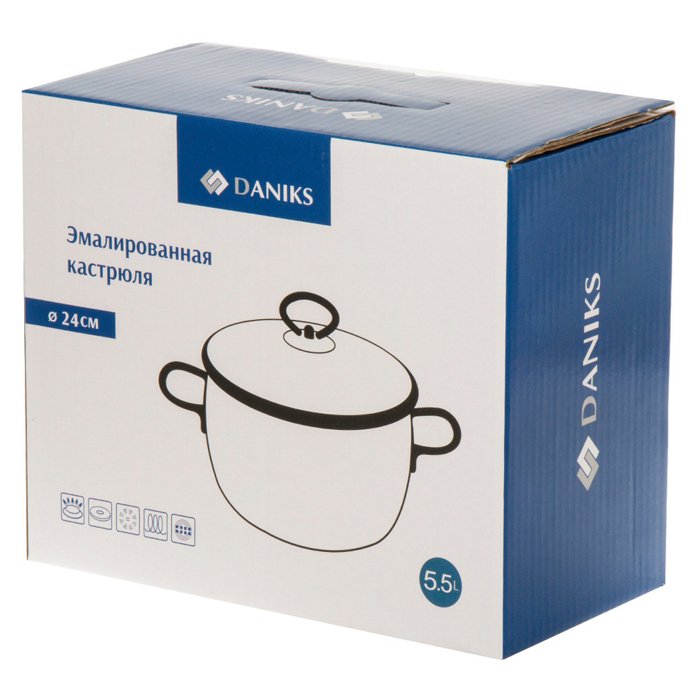 Кастрюля эмал сталь, 5.5 л, с крыш, крыш стекло, Daniks, Белый мрамор, Y4-8966, индукц