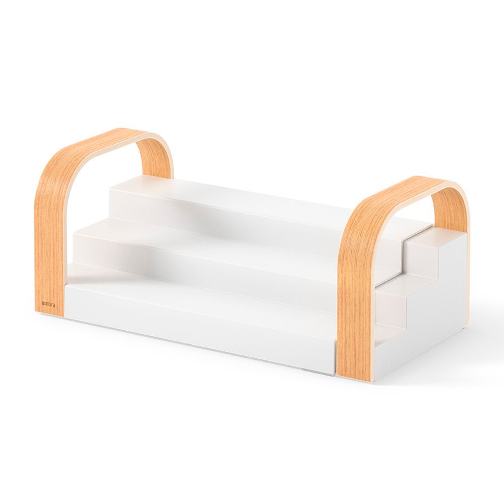 Полка для специй трехъярусная раздвижная Bellwood, белая/натуральное дерево