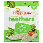 Happy Family Organics, Happy Baby®, органические вафли для прорезывания зубов, для малышей, умеющих сидеть, горох и шпинат, 12 пакетиков по 4 г (0,14 унции)