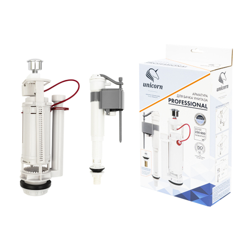 Арматура к смыв. бачку 2-ух Кноп. UNICORN хром, универс. (бок/ниж.подв,плас.штуцер 1/2") KAU_K/P_1/2