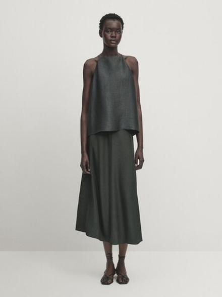 Massimo Dutti Юбка миди из струящейся ткани с эффектом кракле, темно-зеленый