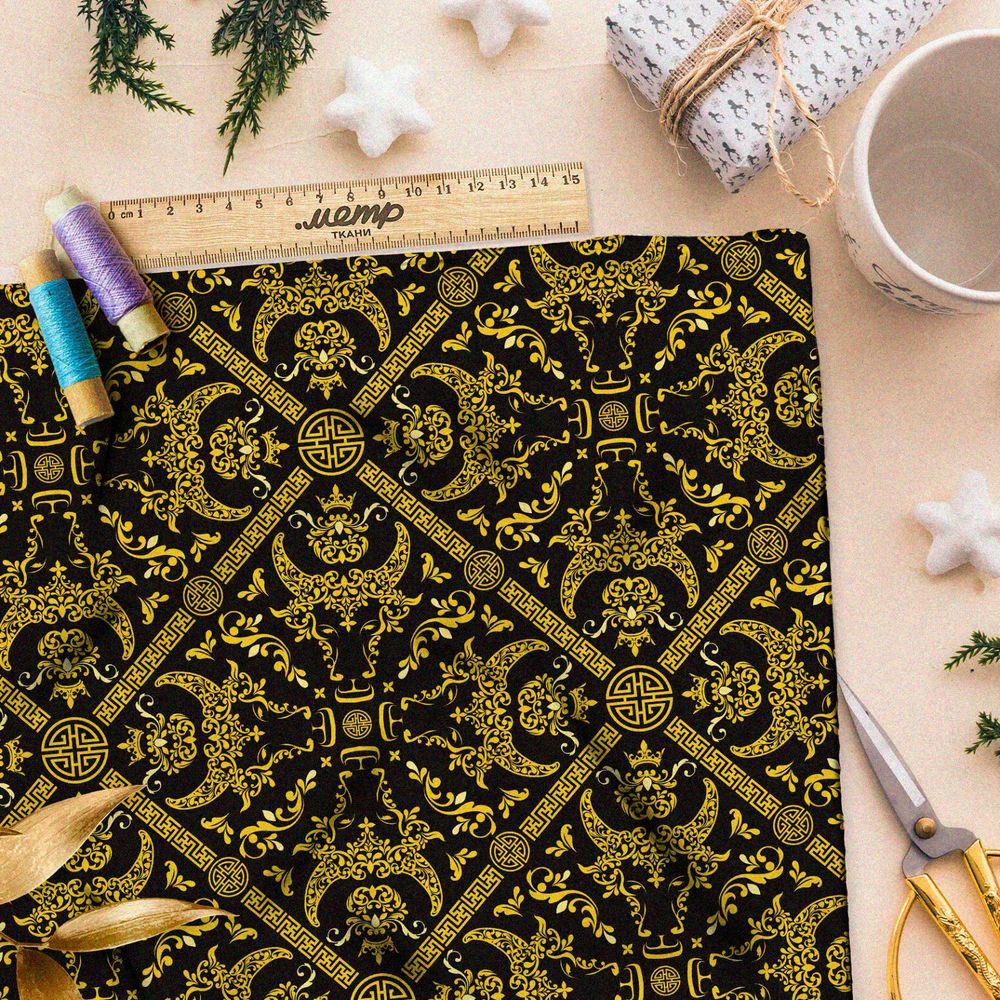 Ткань блэкаут богатый самурайский узор на чёрном фоне